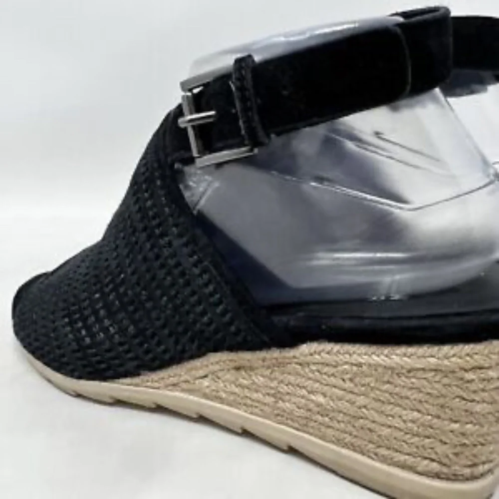 Eileen Fisher Winnie Black Leather Espadrille Wedge Sandal US 8